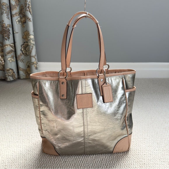 Vintage Coach Metallic Silver and Tan Leather Tote - Picture 6 of 15